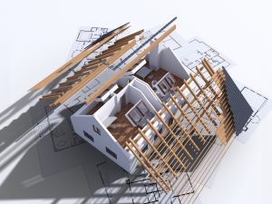 Building house on blueprints. Visualization of house construction. 3D illustration